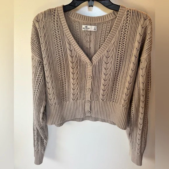 Hollister Beige Cropped Cardigan Knit Button Front Pointelle Size L - Picture 1 of 3
